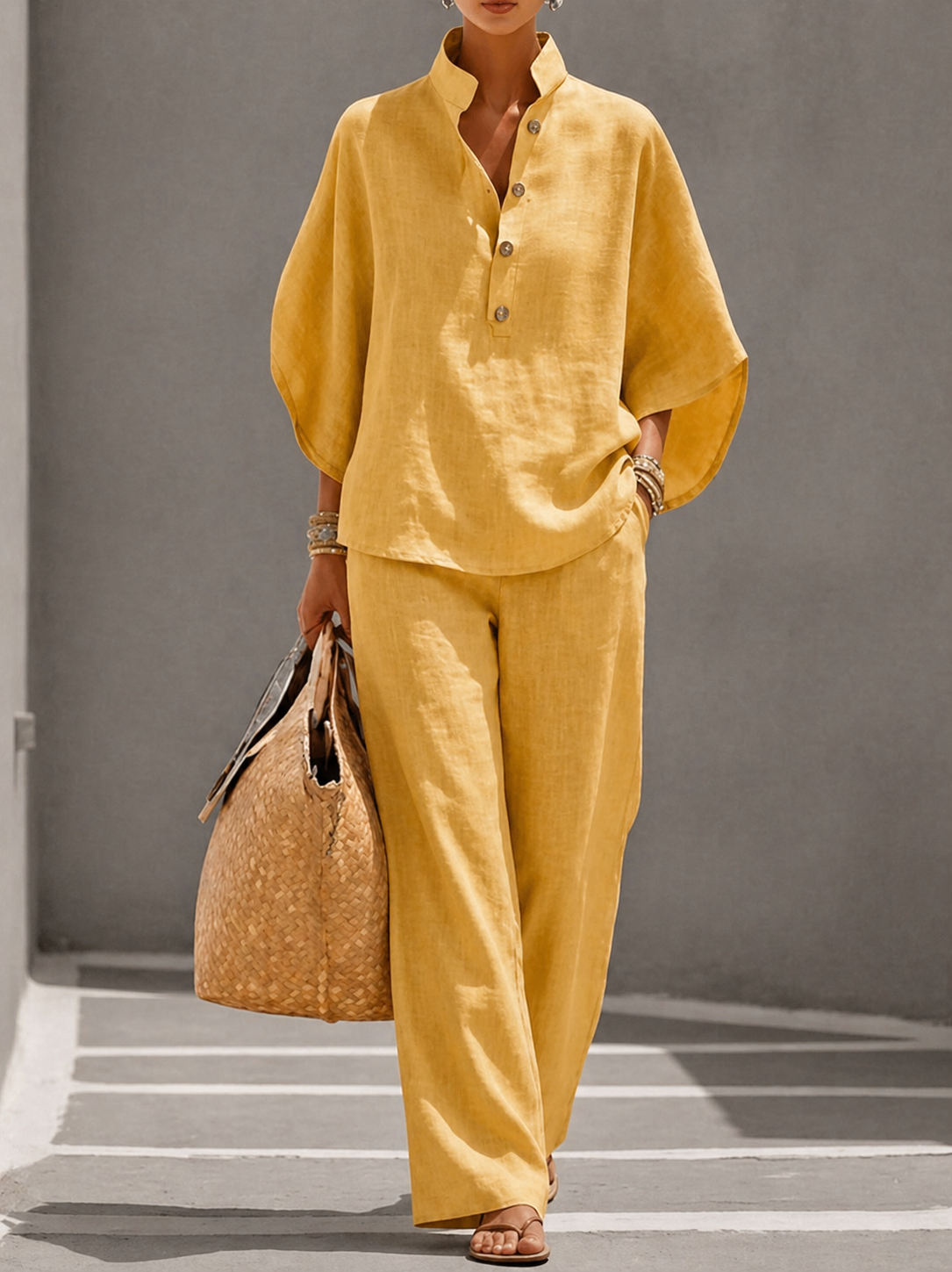 Mariel | Conjunto de algodón y lino con mangas murciélago y pantalón largo