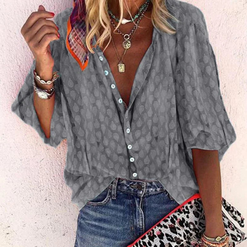 Alviera | Blusa estampada para mujer con botones y manga corta amplia