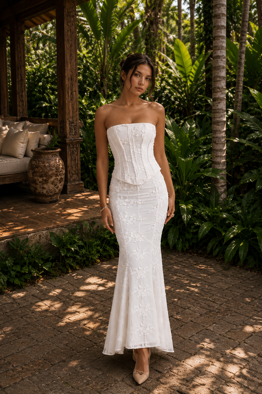 ETERNAL BLOOM | Vestido Midi de Encaje Floral 2 piezas con Corsé