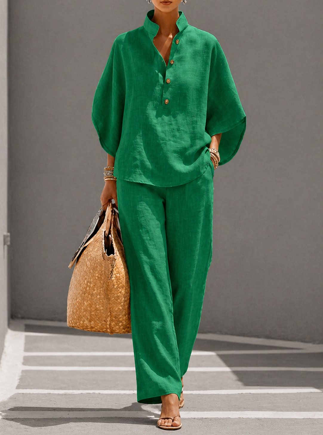 Mariel | Conjunto de algodón y lino con mangas murciélago y pantalón largo