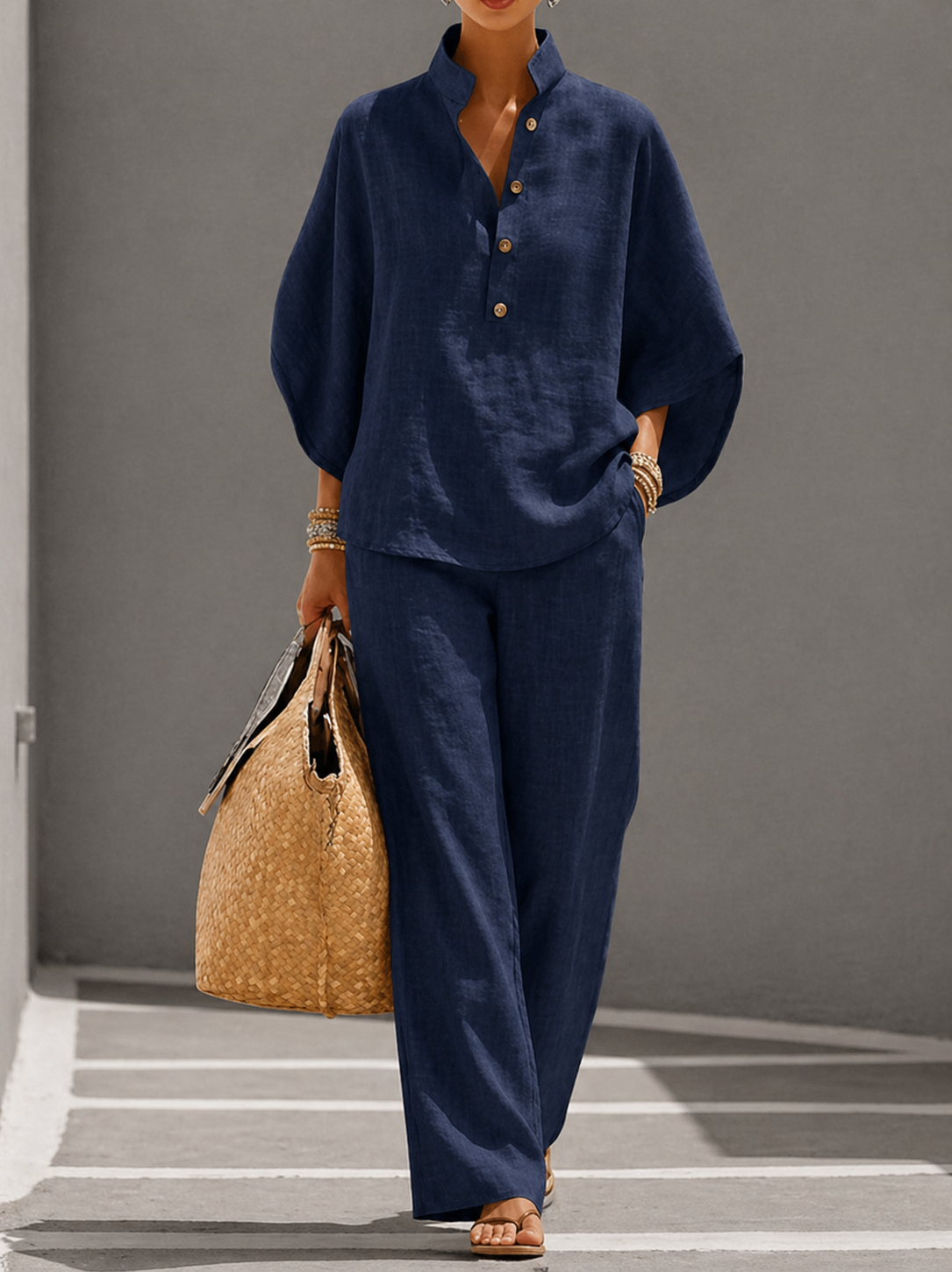 Mariel | Conjunto de algodón y lino con mangas murciélago y pantalón largo
