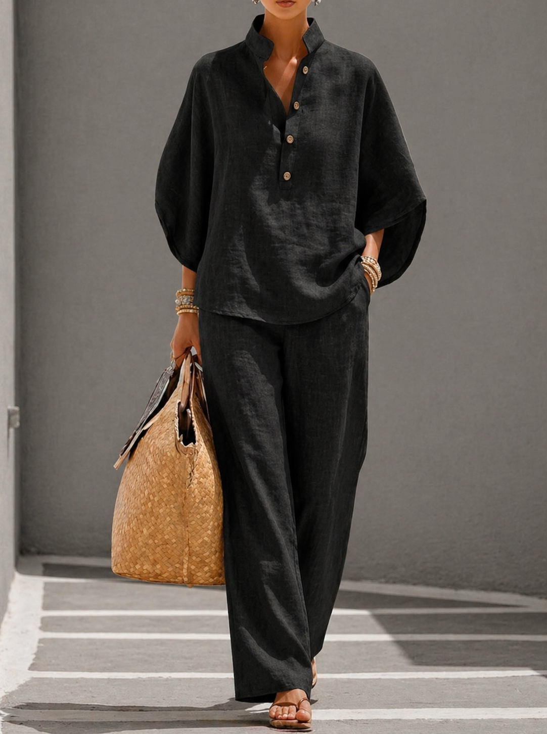 Mariel | Conjunto de algodón y lino con mangas murciélago y pantalón largo