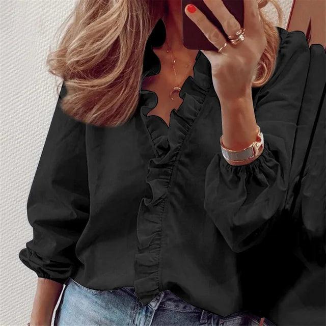 Belora | Blusa para mujer con volantes y escote en V de manga larga
